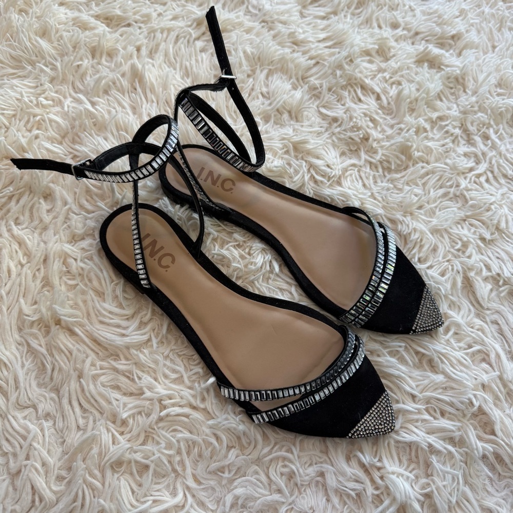 INC International Concepts Rhinestone Ankle Strap Flats Black Pointed 6.5